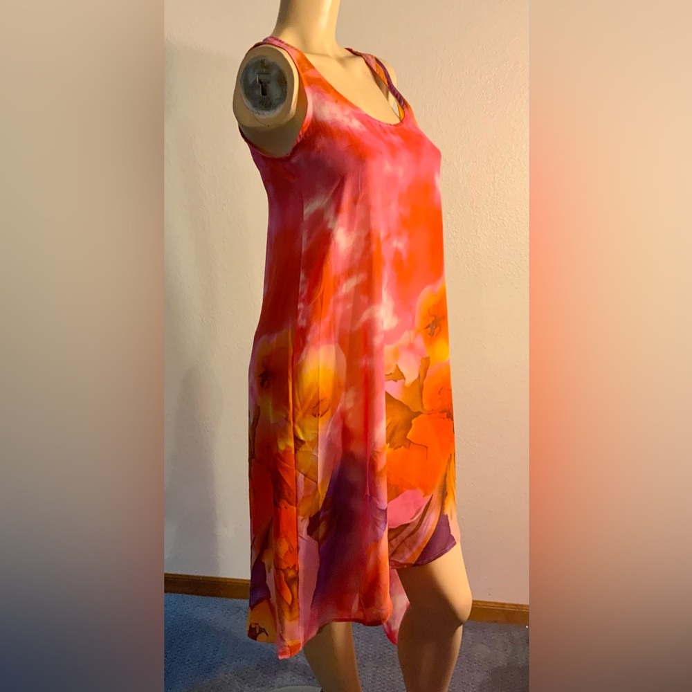 Women’s dress tie dye watercolor-abstract prnt asymmetrical hi-low chiffon S M L